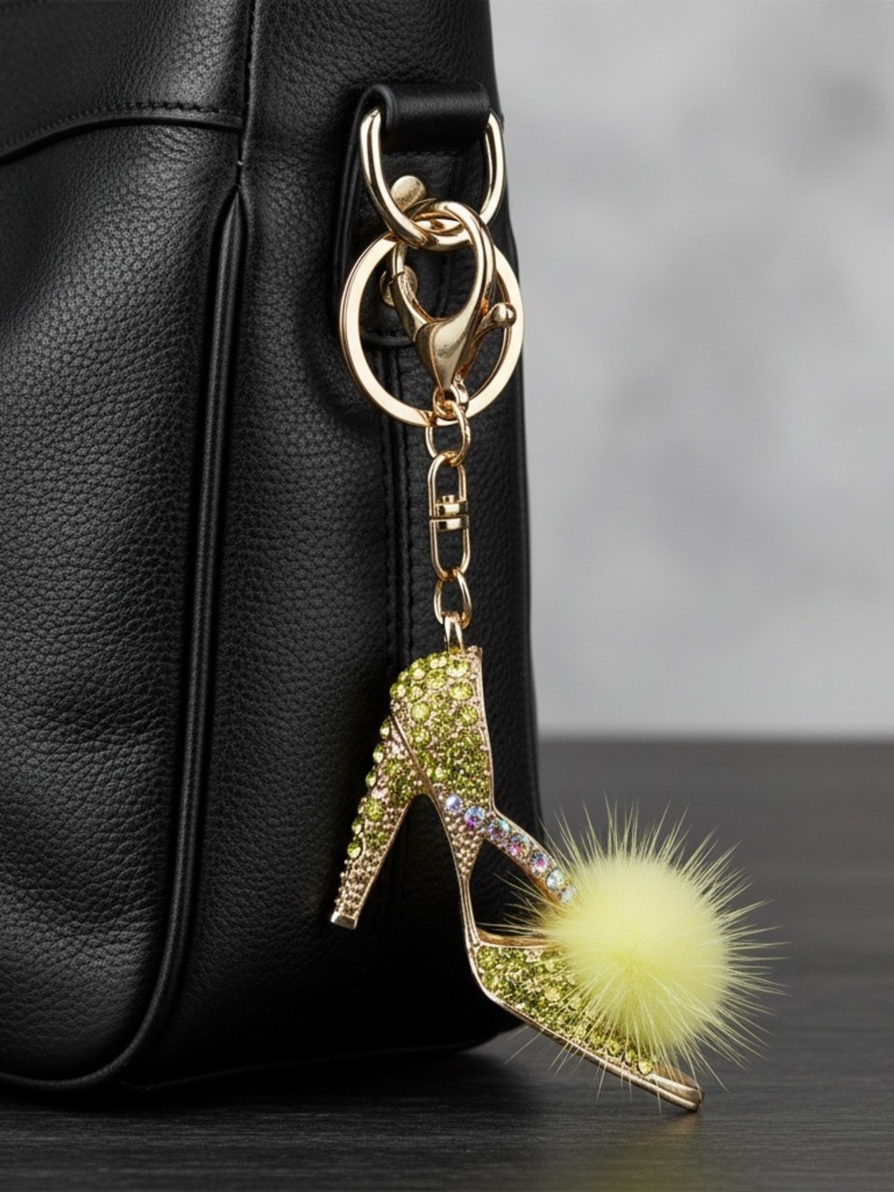 Rhinestone Yellow Fur Pom High Heel Keychain or Bag Charm - Picture 4 of 8